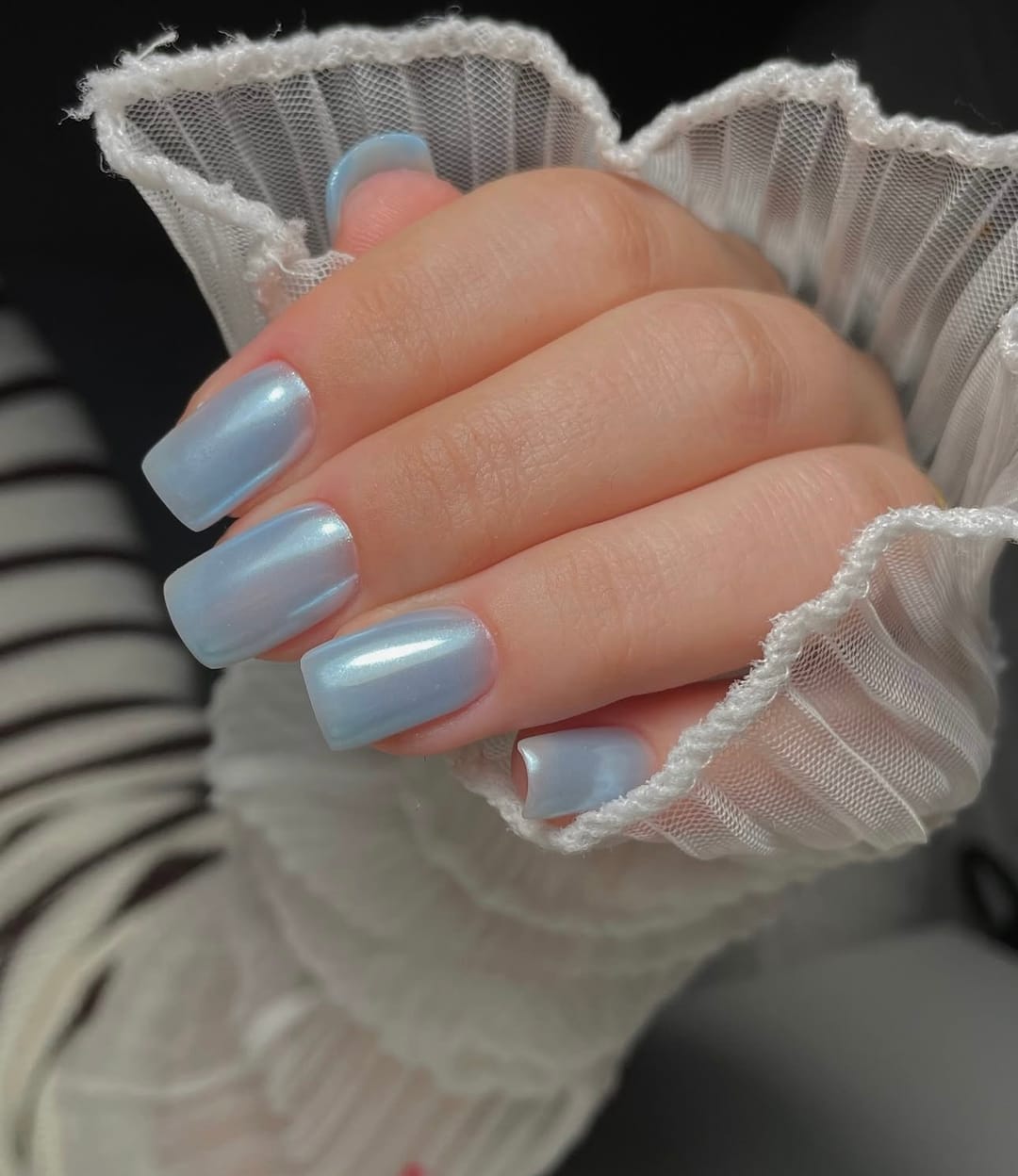 Ice-blue pearl chrome square nails