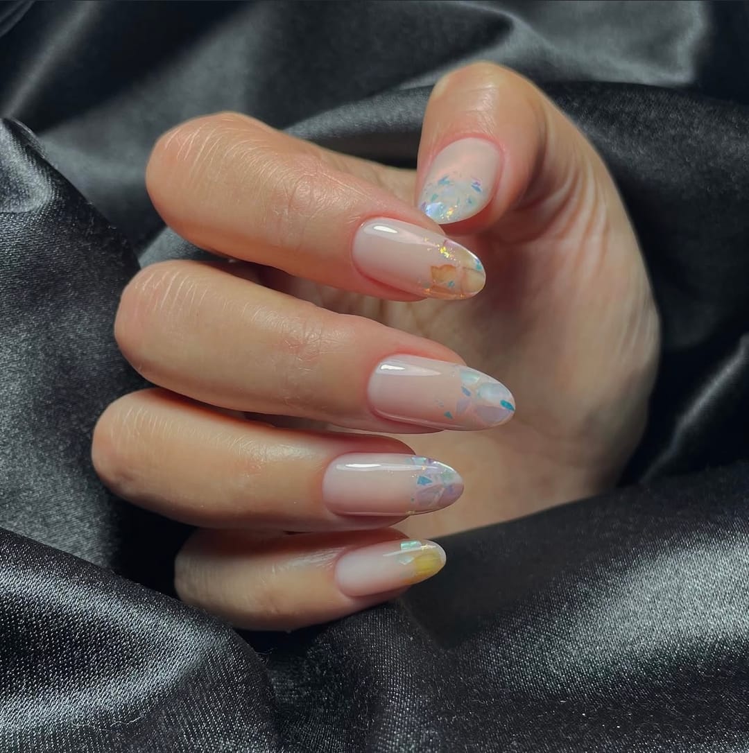 Opal-flake nude almond nails